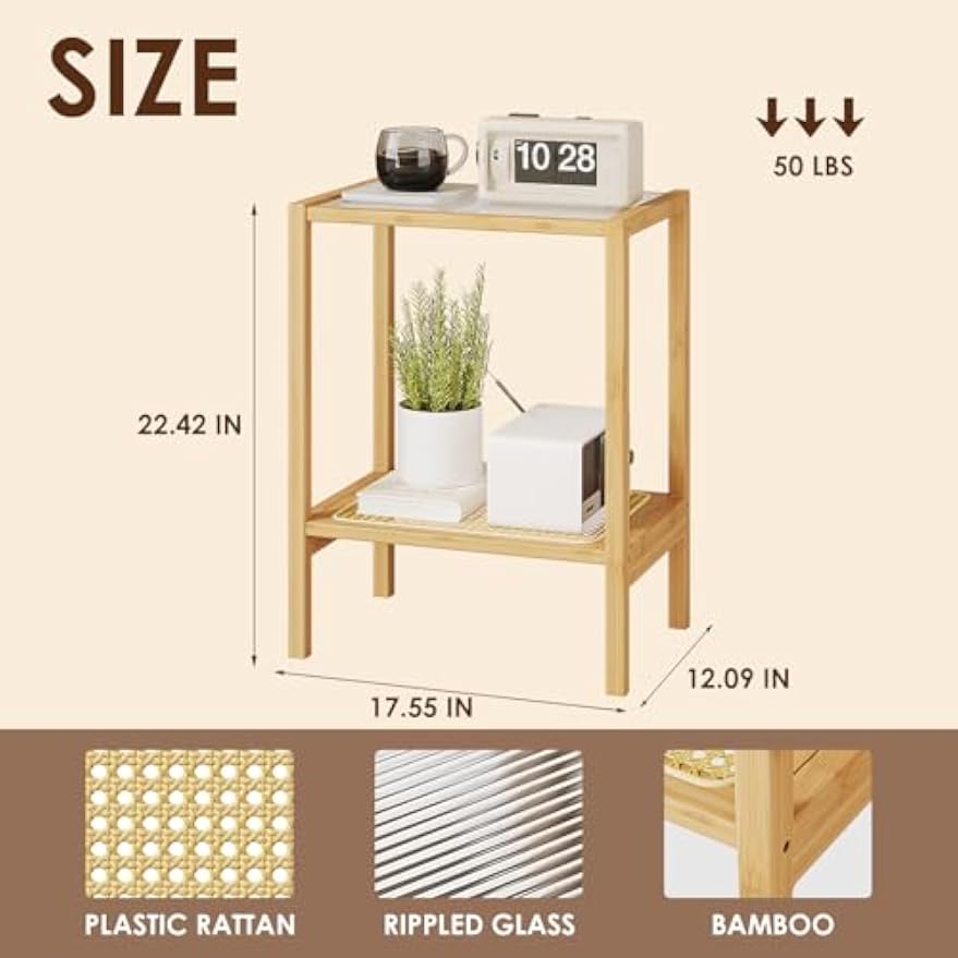 Two‑Tier Glass‑Top Rattan Boho Side Table