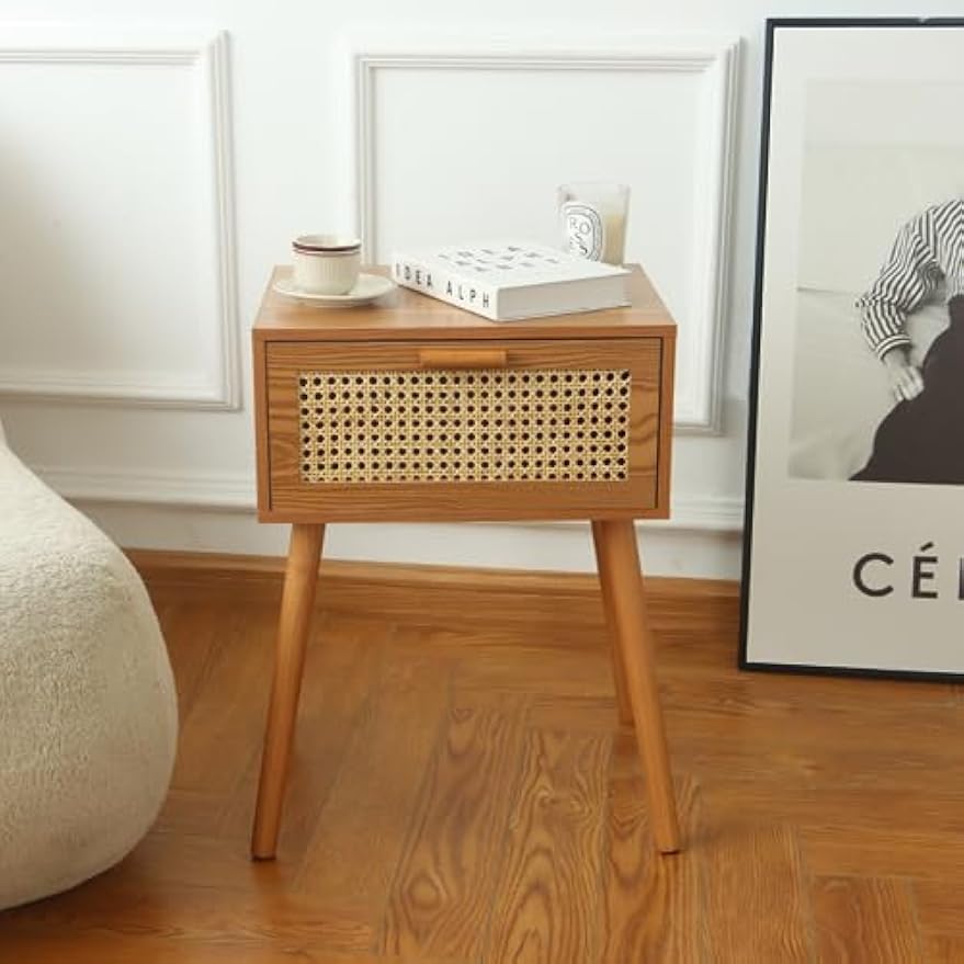 Mid‑Century Rattan Storage Nightstand Table