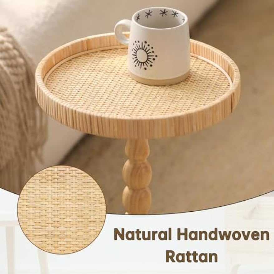 Boho Rattan Round Small Side Accent Table