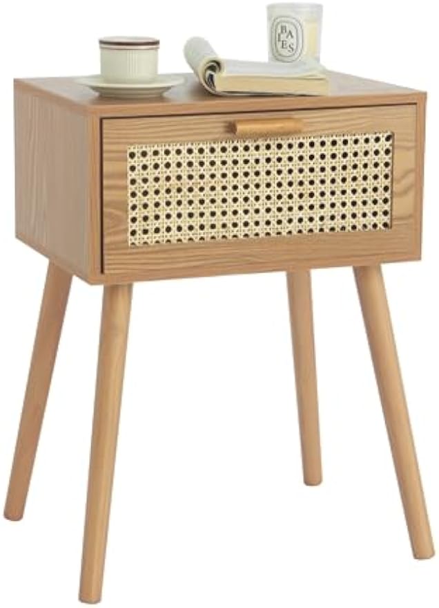 Mid‑Century Rattan Storage Nightstand Table