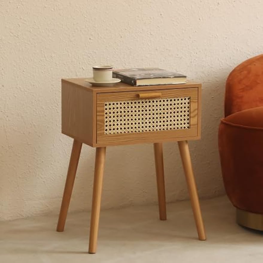 Mid‑Century Rattan Storage Nightstand Table