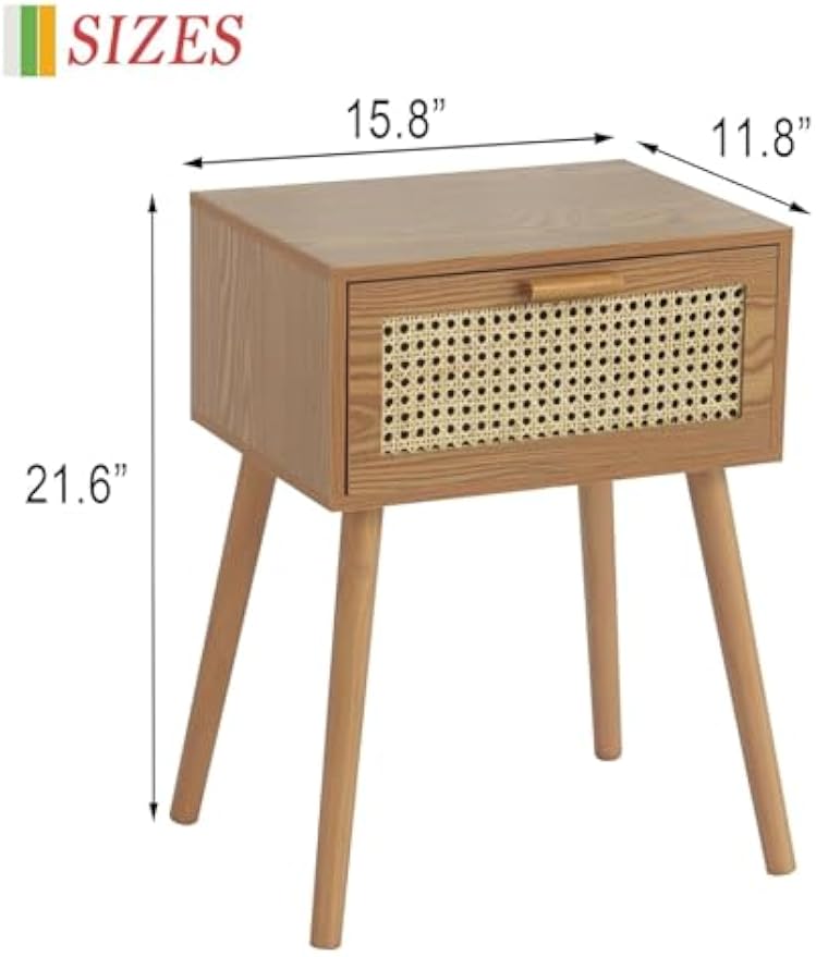 Mid‑Century Rattan Storage Nightstand Table