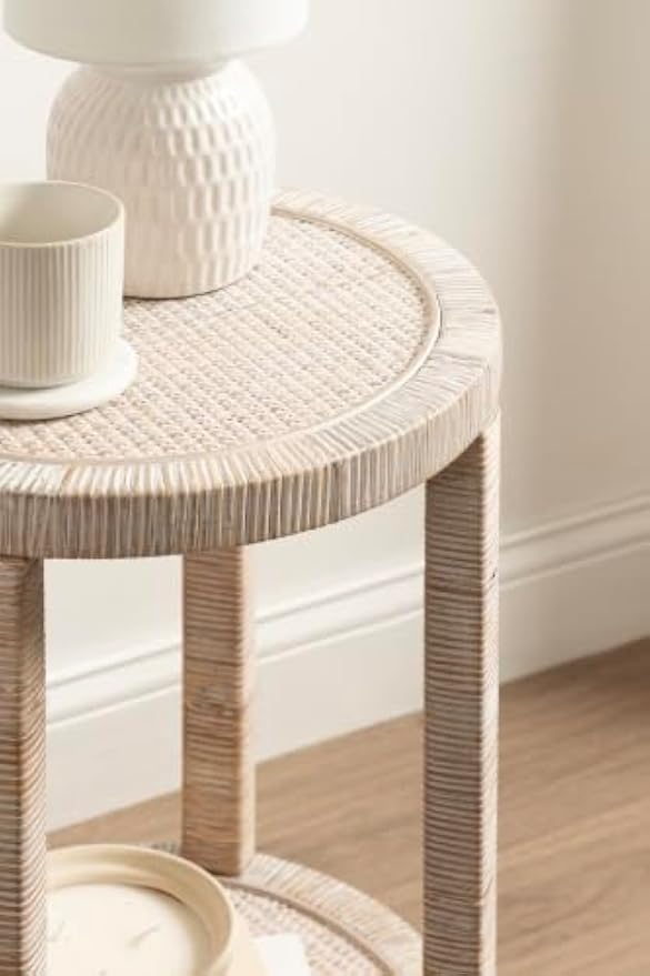 Boho Rattan Round Wooden Side End Table