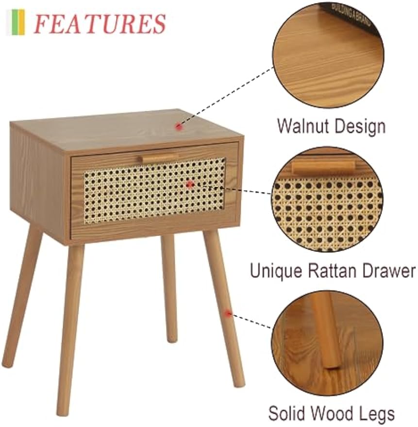 Mid‑Century Rattan Storage Nightstand Table