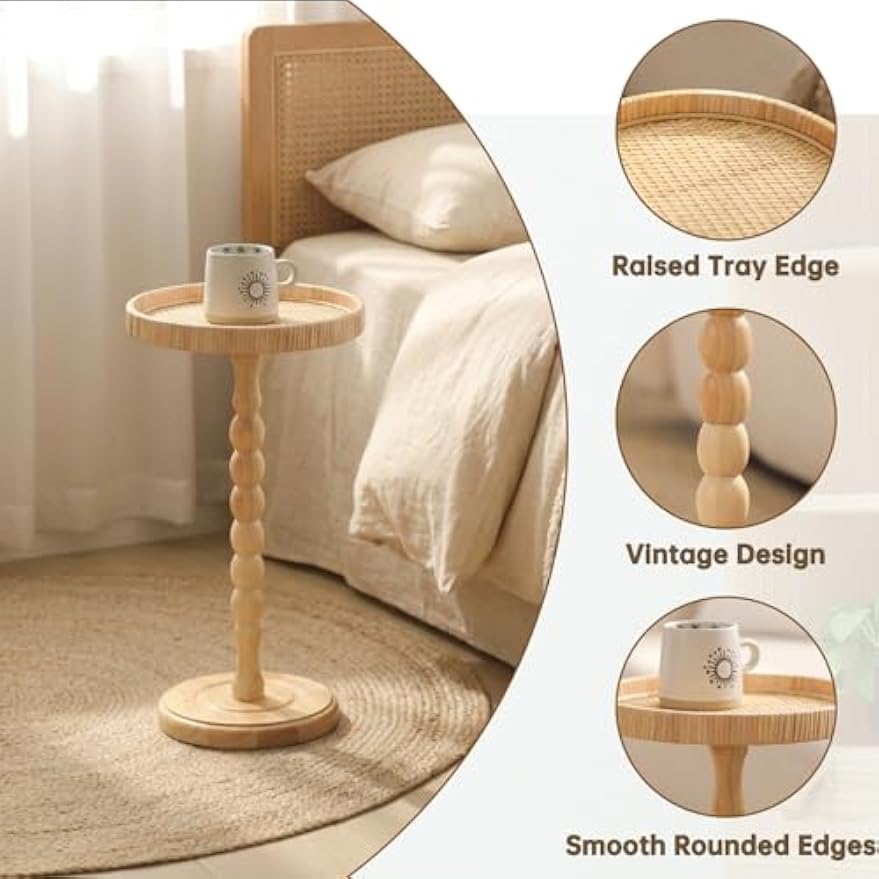 Boho Rattan Round Small Side Accent Table