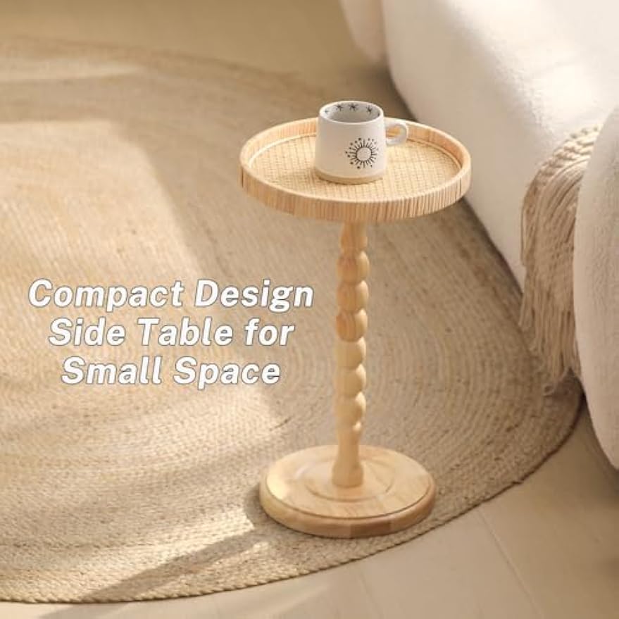 Boho Rattan Round Small Accent Side Table