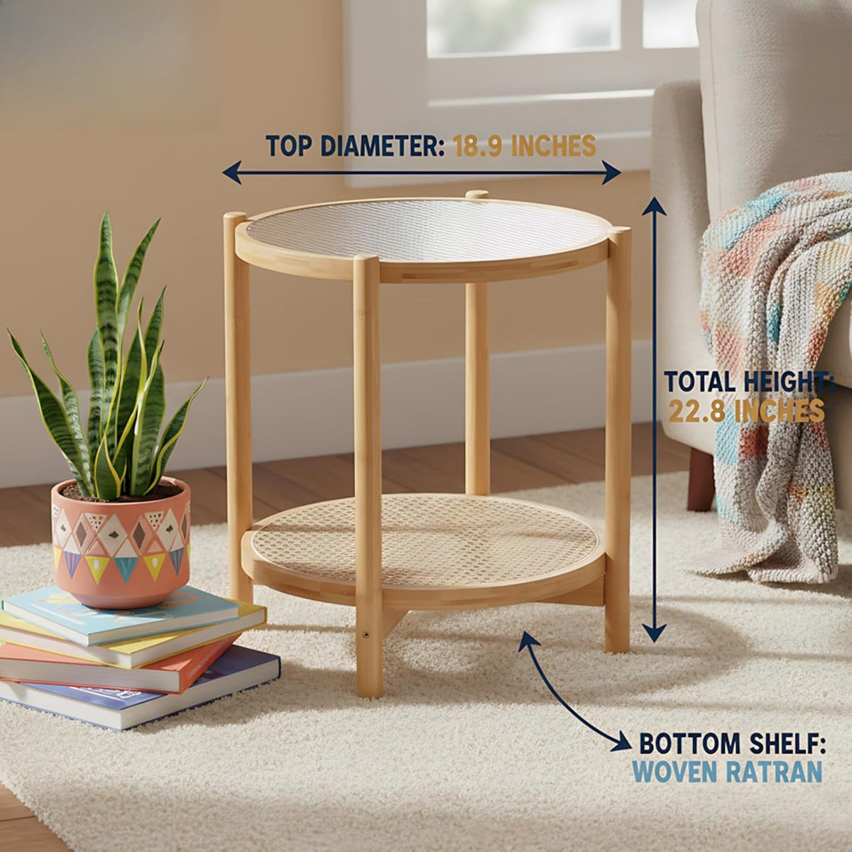 Rattan Glass‑Top End Table With Storage