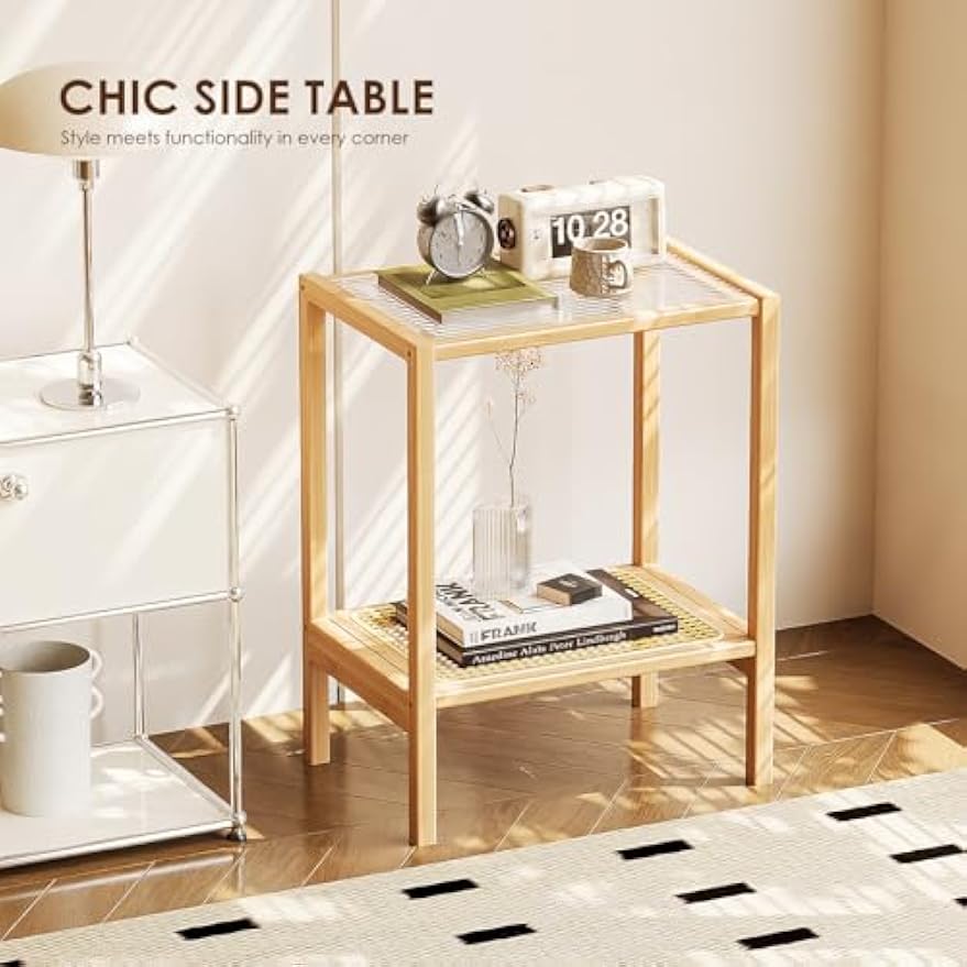 Two‑Tier Glass‑Top Rattan Boho Side Table