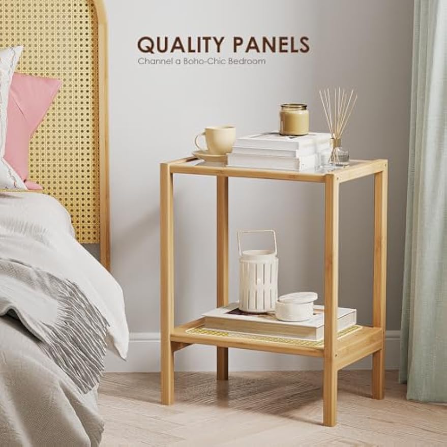 Two‑Tier Glass‑Top Rattan Boho Side Table