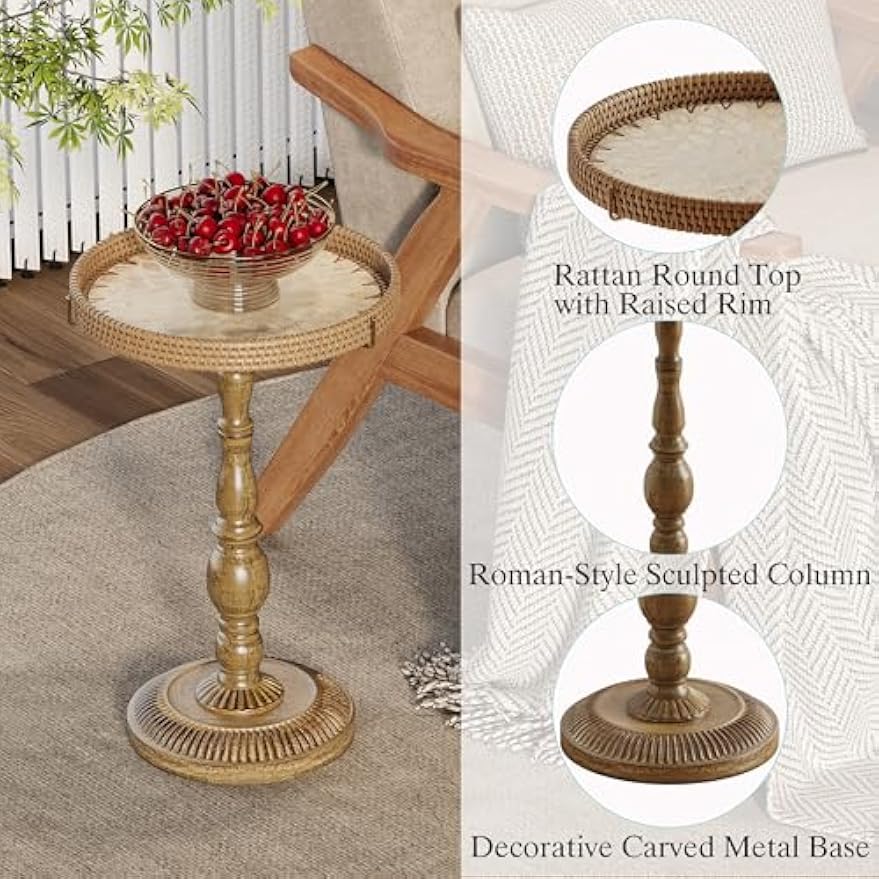 Vintage Rattan Inlay Round Side Table