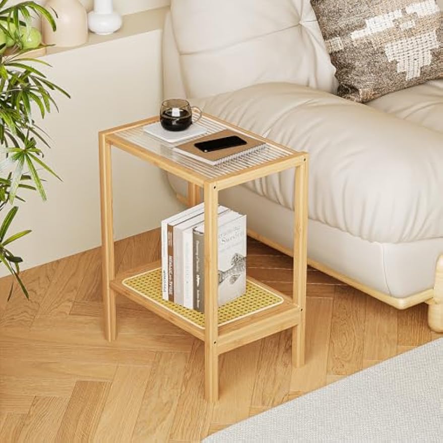 Two‑Tier Glass‑Top Rattan Boho Side Table