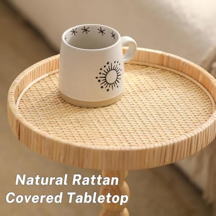 Boho Rattan Round Small Accent Side Table