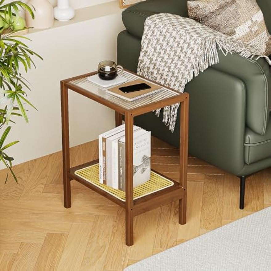 Two‑Tier Glass‑Top Rattan Side Table