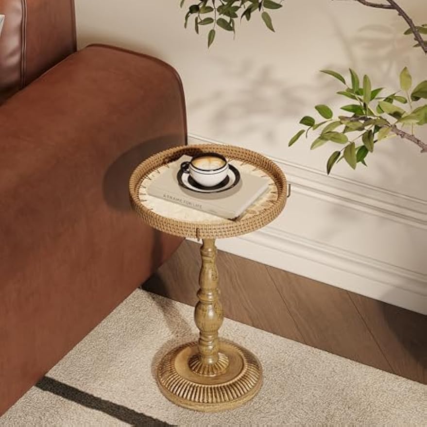 Vintage Rattan Inlay Round Side Table