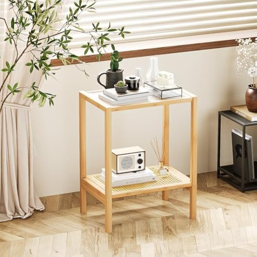 Two‑Tier Glass‑Top Rattan Boho Side Table