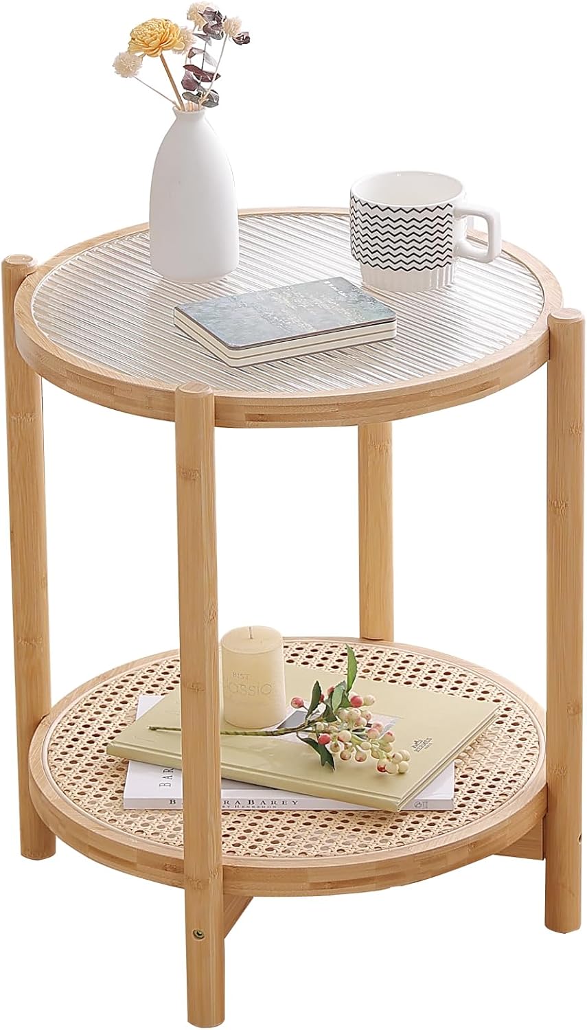 Rattan Glass‑Top End Table With Storage