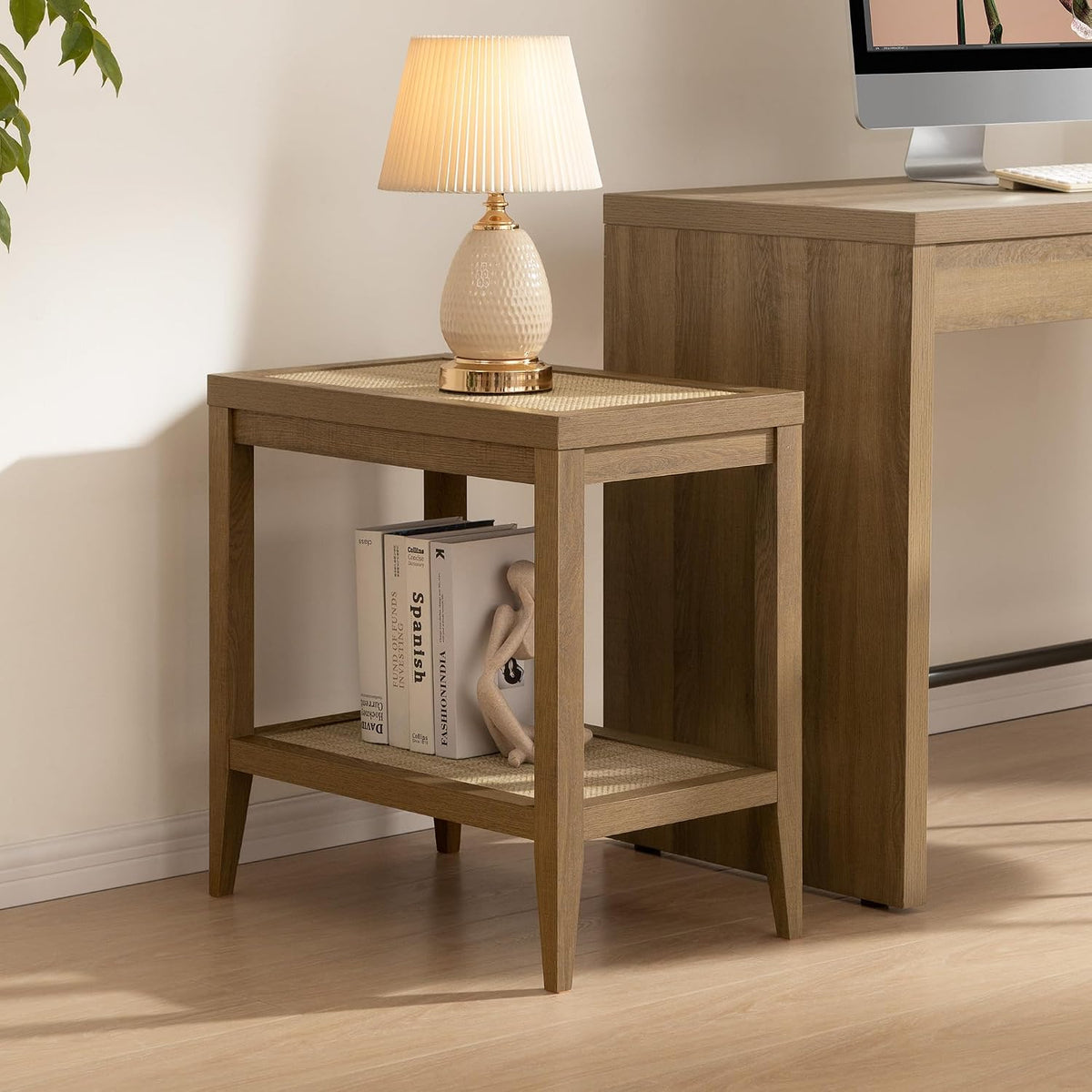 Boho Rattan Storage Shelf Side End Table