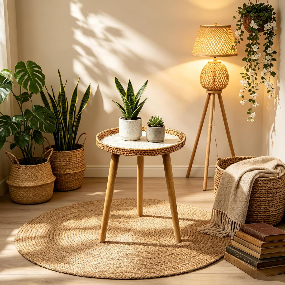 Rattan Inlay Round Small Side End Table