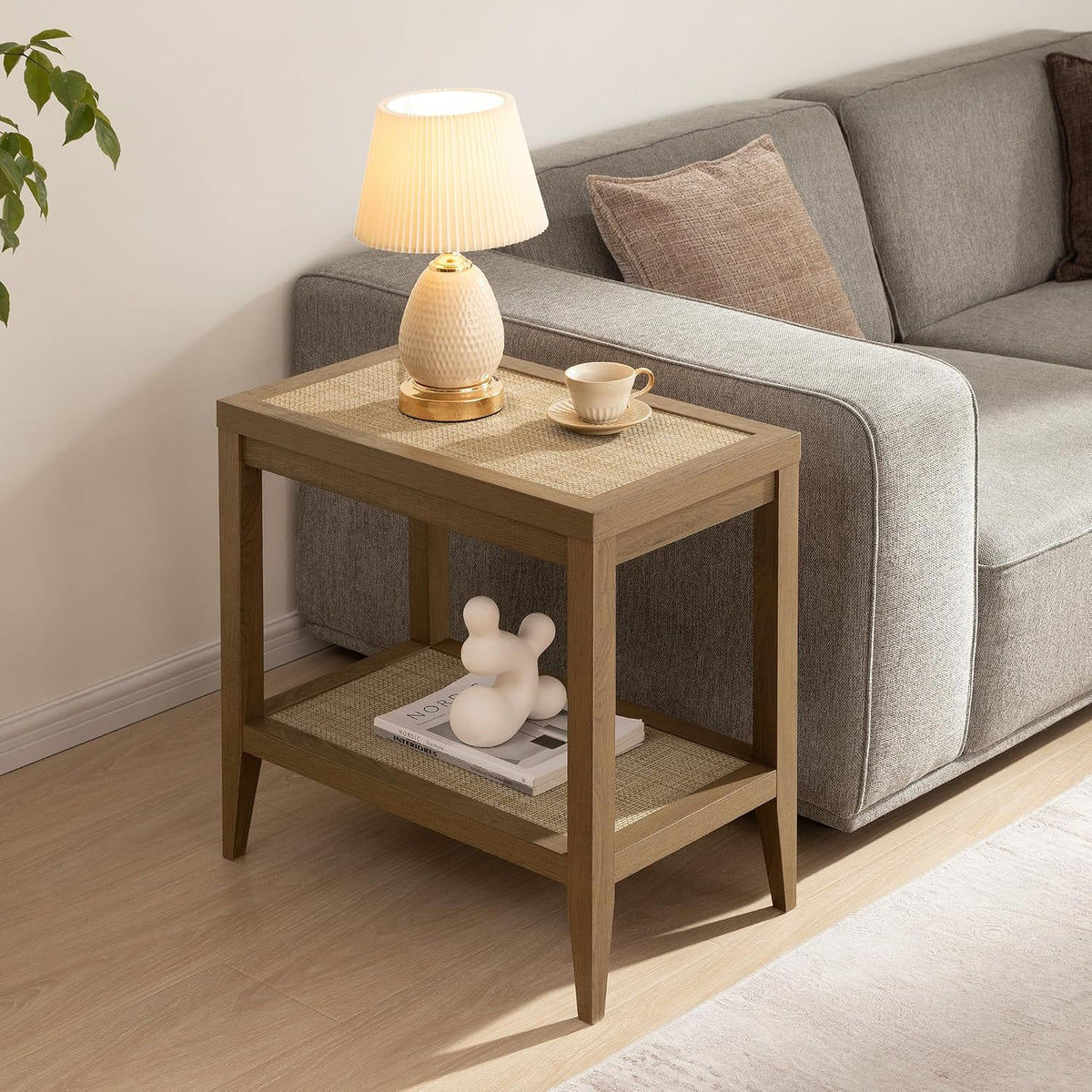 Boho Rattan Storage Shelf Side End Table
