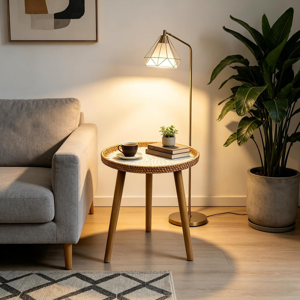 Rattan Inlay Round Small Side End Table