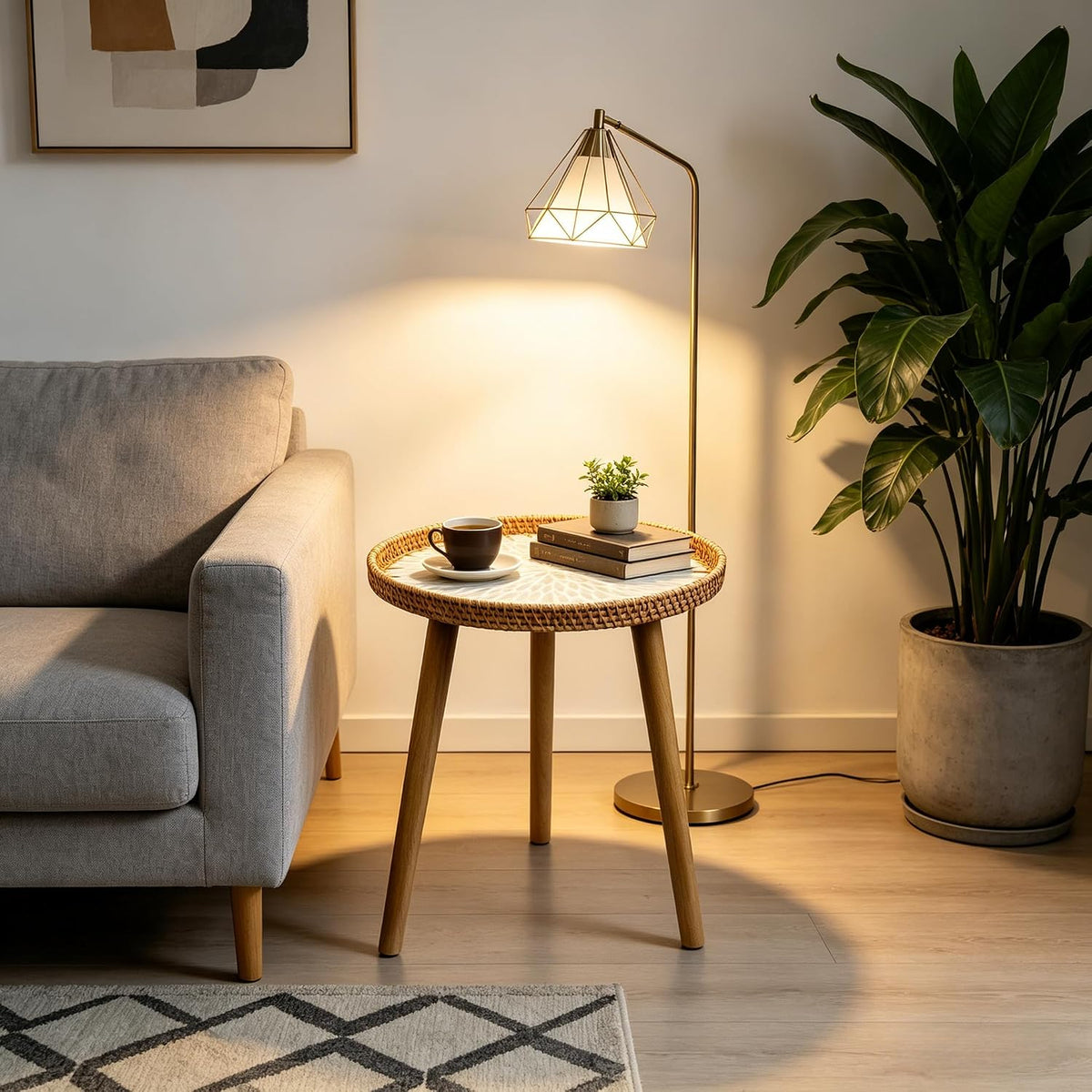 Rattan Inlay Round Small Side End Table