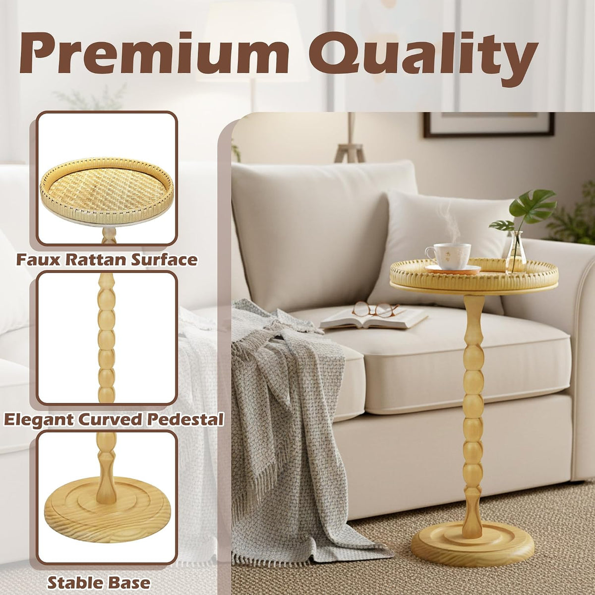 Boho Rattan Round Small Side End Table
