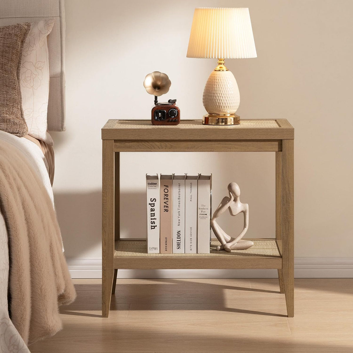 Boho Rattan Storage Shelf Side End Table