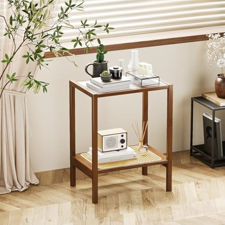 Two‑Tier Glass‑Top Rattan Side Table